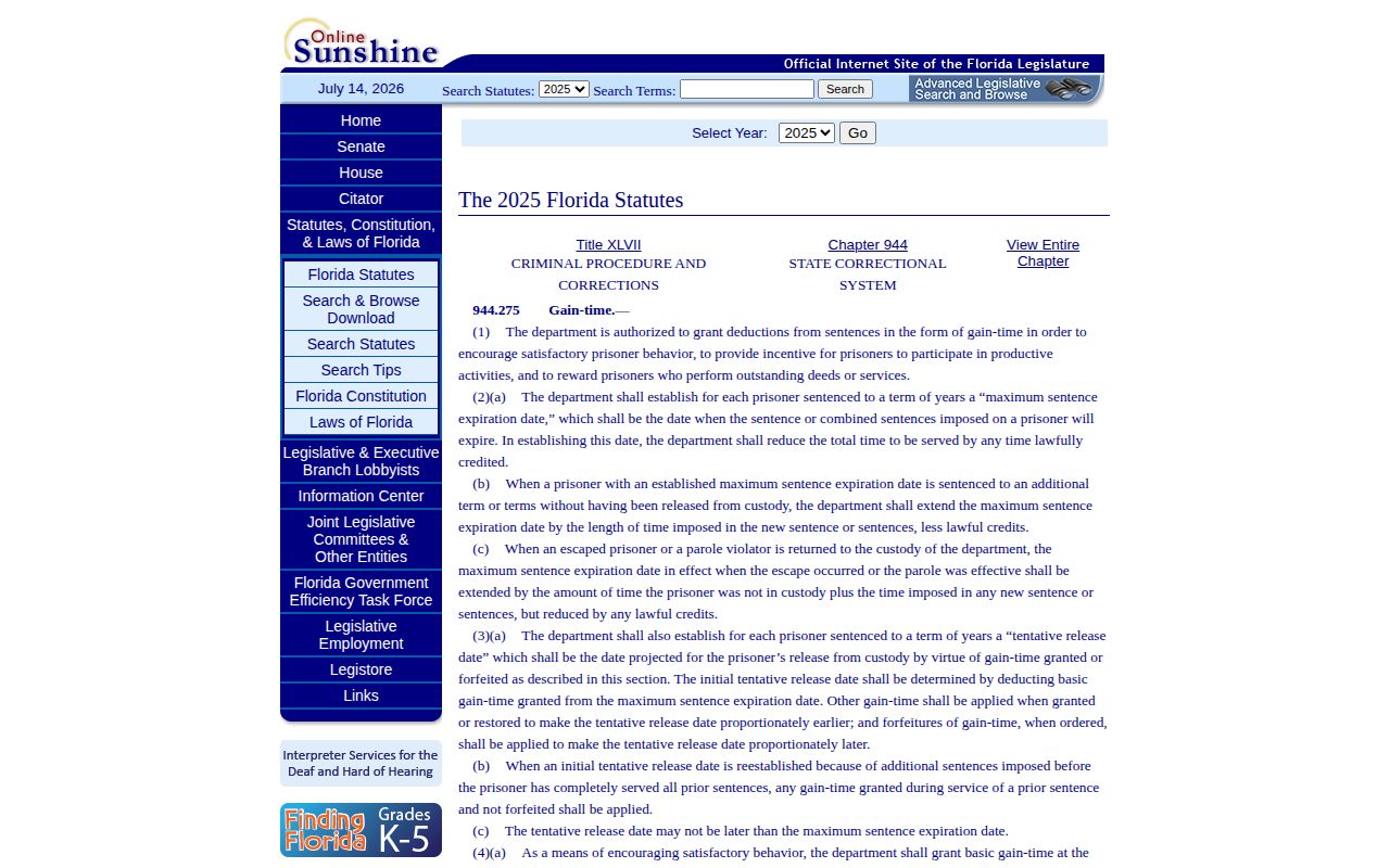 Florida statute for Marion County tentative release date calculation